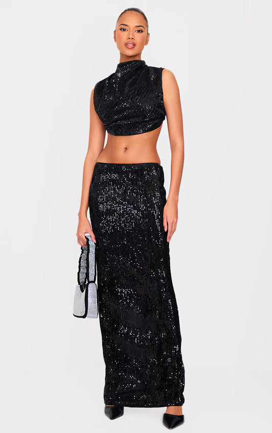 Black Sequin Mid Rise Maxi Skirt