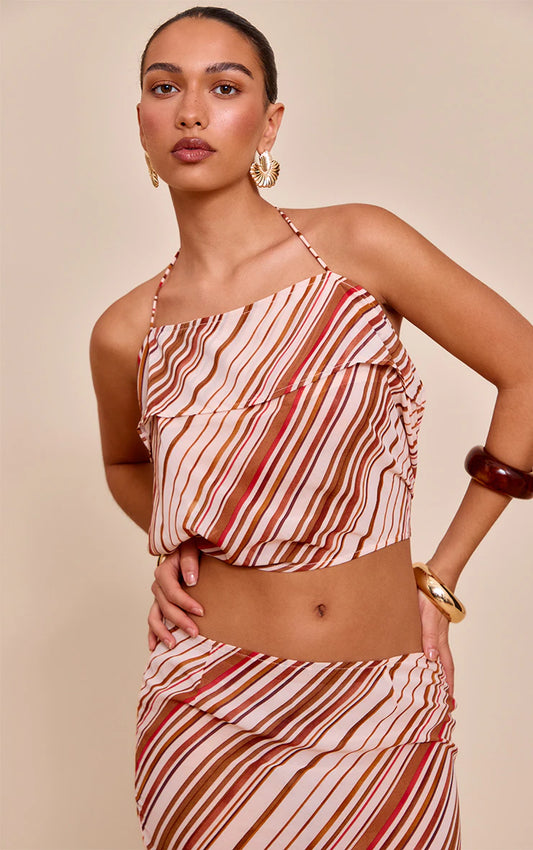 Rust Chiffon Striped Halterneck Strappy Top