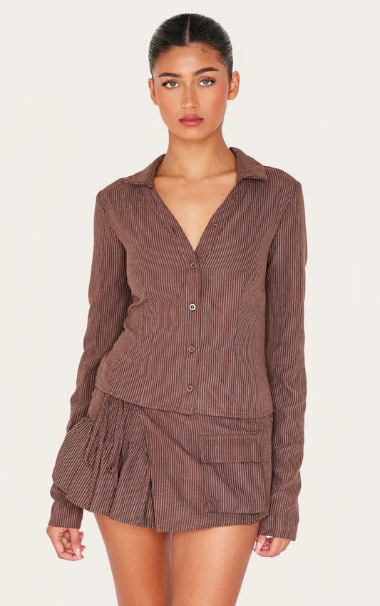Dark Brown Peach Skin Pinstripe Woven Long Sleeve Cargo Shirt