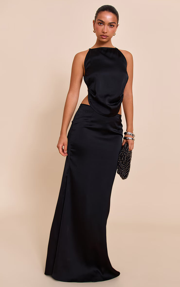 Black Satin Floaty Maxi Skirts