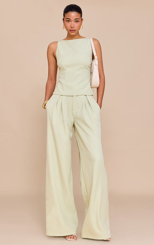 Pale Lime Woven Tailored Wide Leg Pants