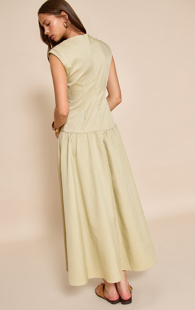 Sage Woven Boat Neck Dropped Waist Maxi Dress