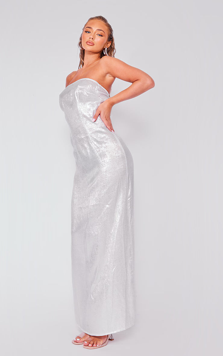 Silver Textured Bandeau Maxi Dress