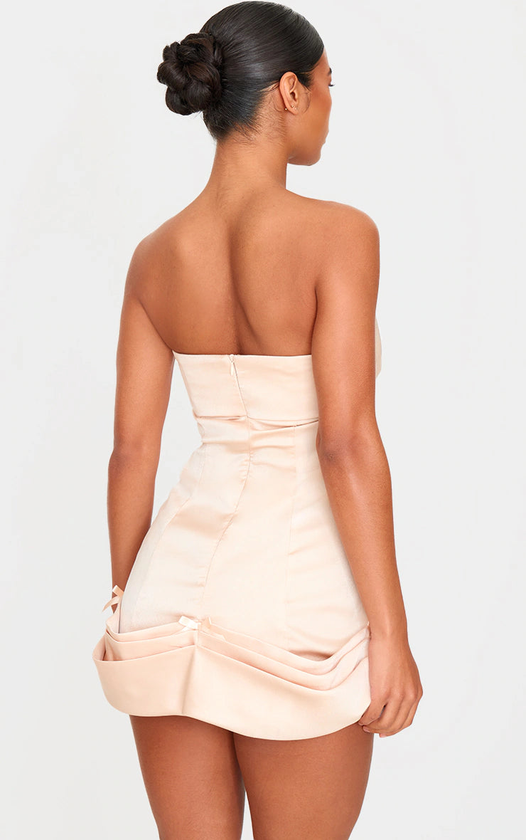 Champagne Satin Bow Detail Bodycon Dress