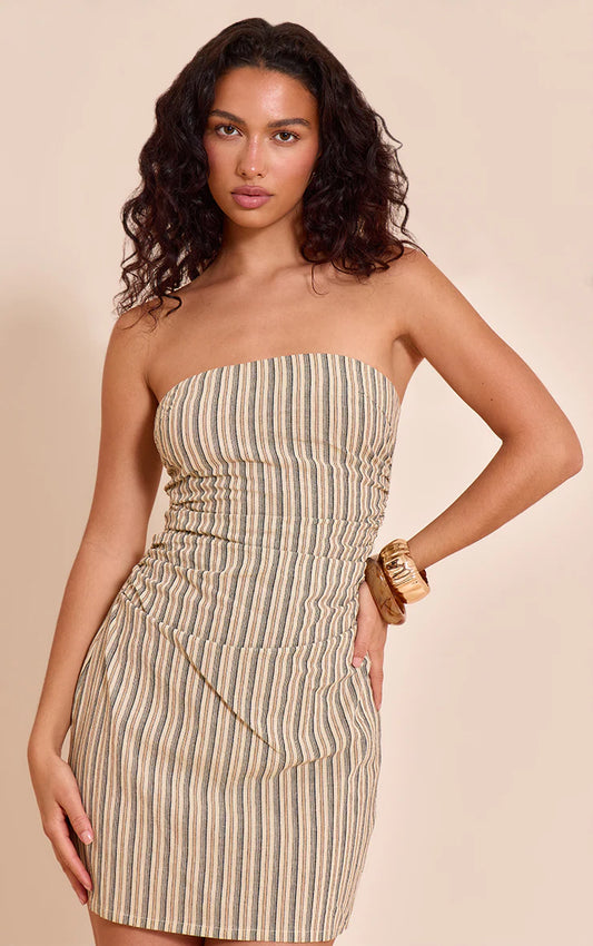 Stone Striped Bandeau Ruched Mini Shift Dress