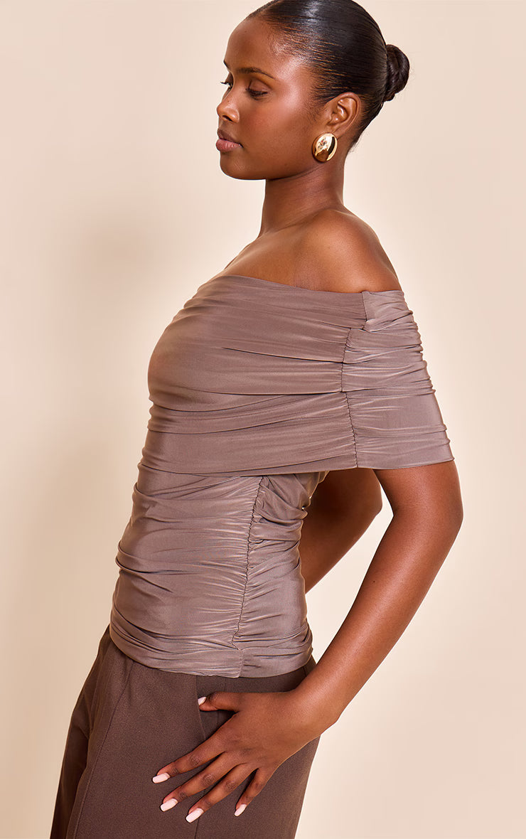 Mushroom Double Layer Slinky Ruched Bardot Long Top