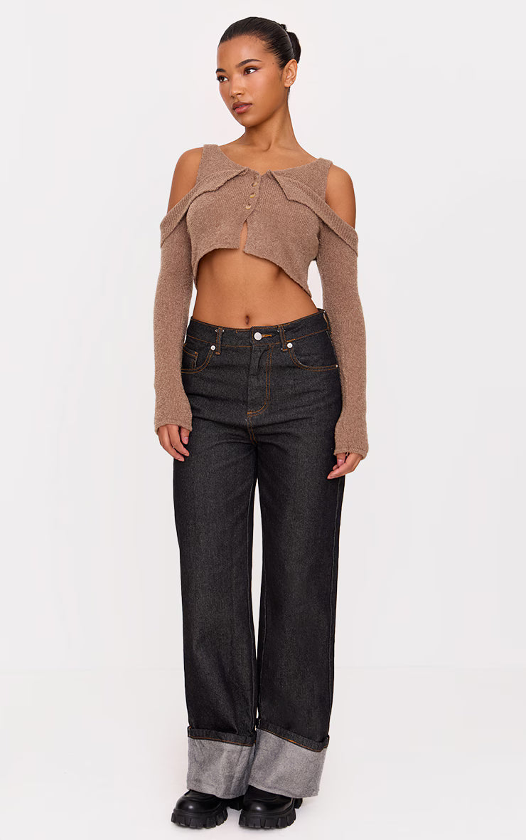 Taupe Boucle Knit Cold Shoulder Button Up Top