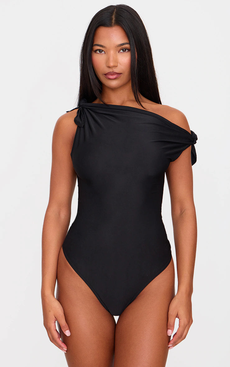 Black Slinky Tie Shoulder Asymmetric Bodysuit