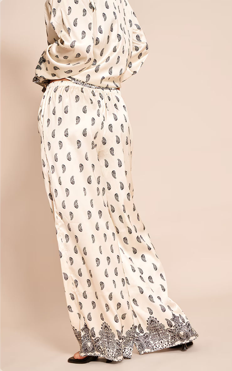 Cream Paisley Print Drawstring Extreme Wide Leg Pant