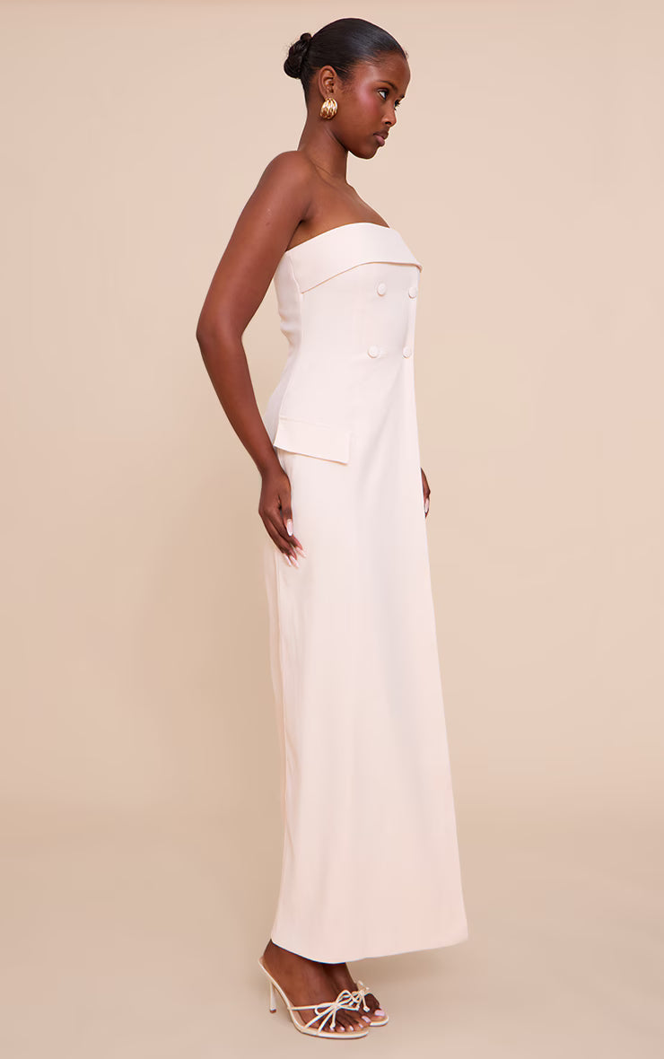 Butter Cream Tailored Woven Button Split Detail Bandeau Maxi Dress