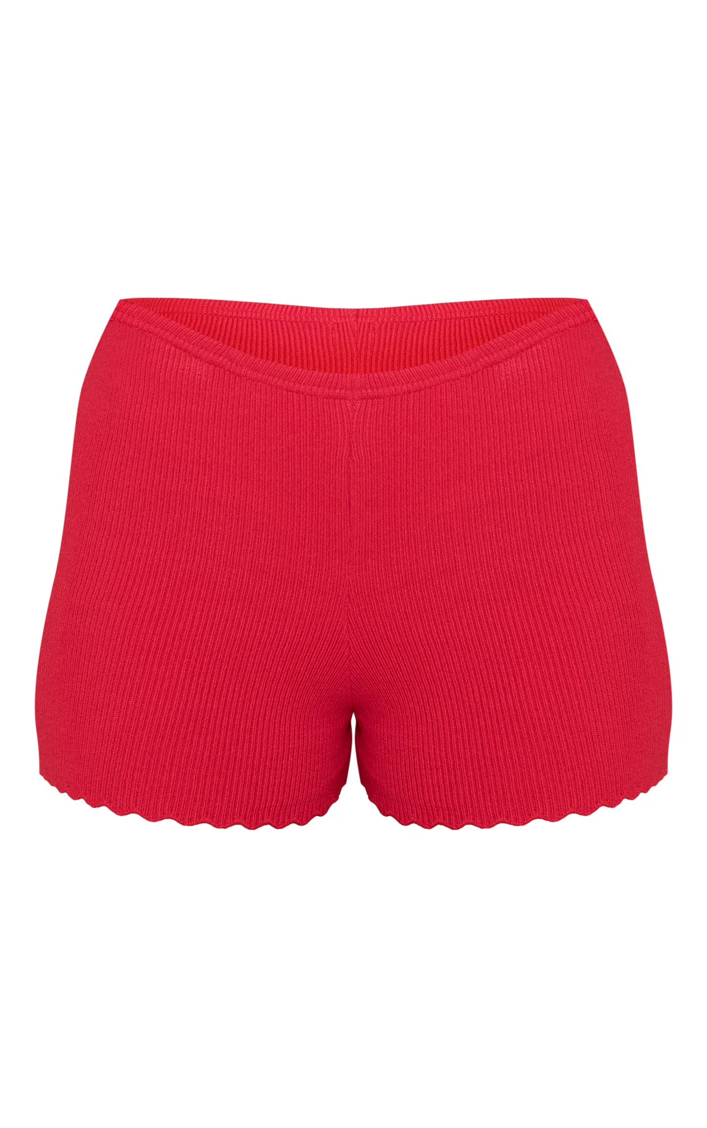 Red Knitted Scallop Edge High Waisted Shorts
