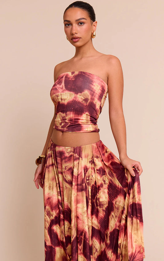 Deep Red Abstract Print Double Layer Slinky Bandeau Top
