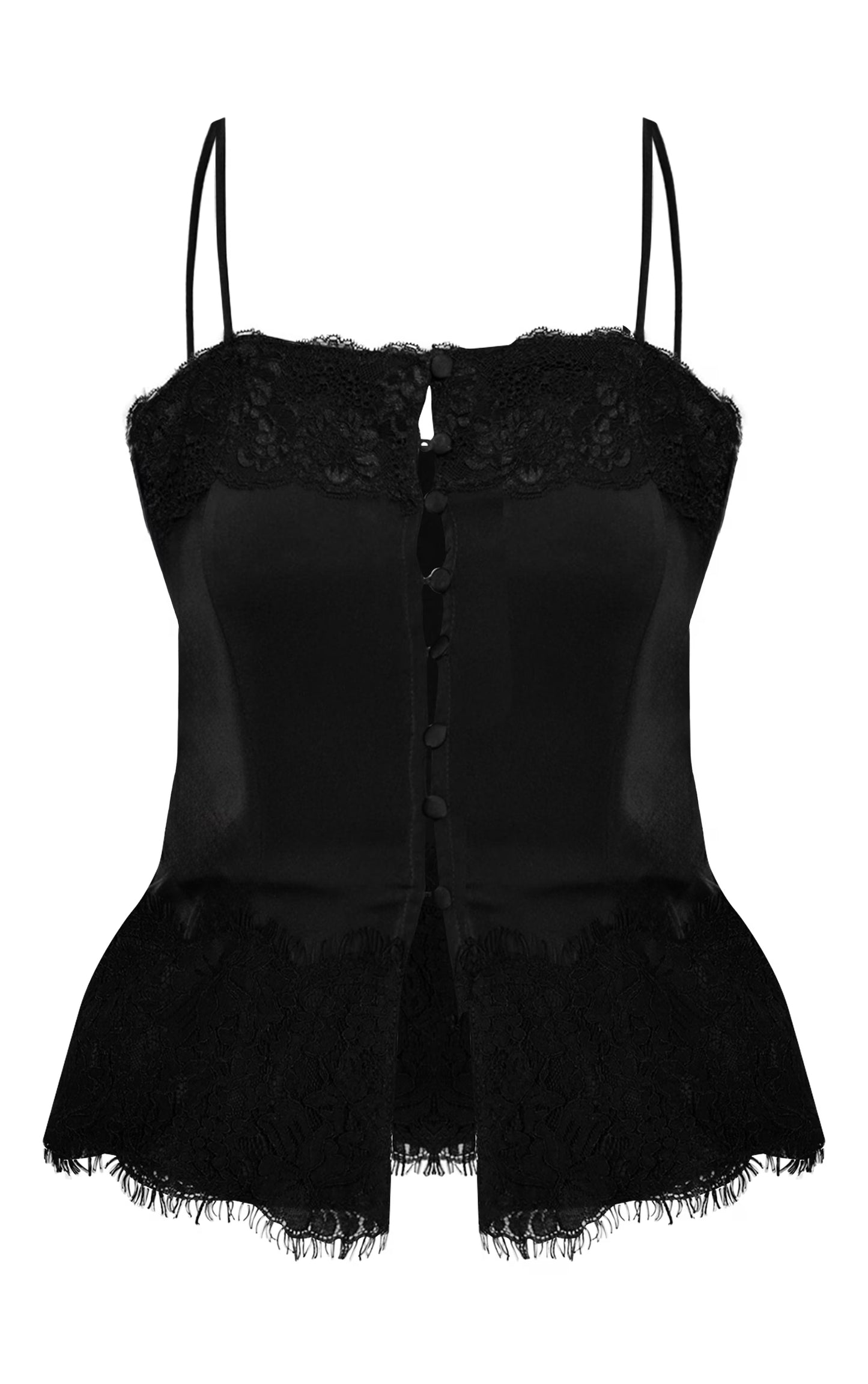 Black Satin Button Up Lace Detail Cami