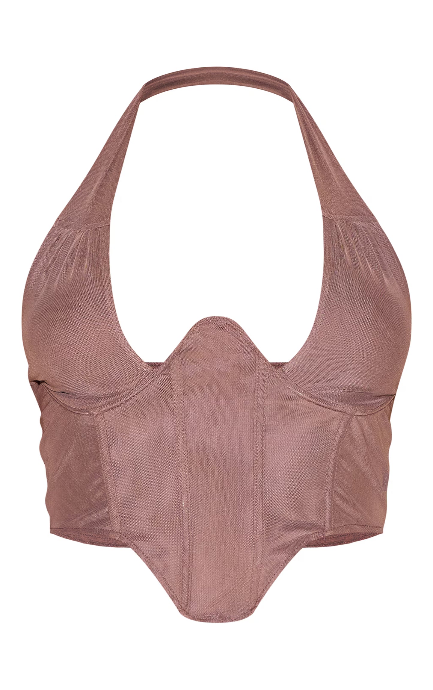 Shape Brown Double Layered Mesh Tie Neck Corset Top