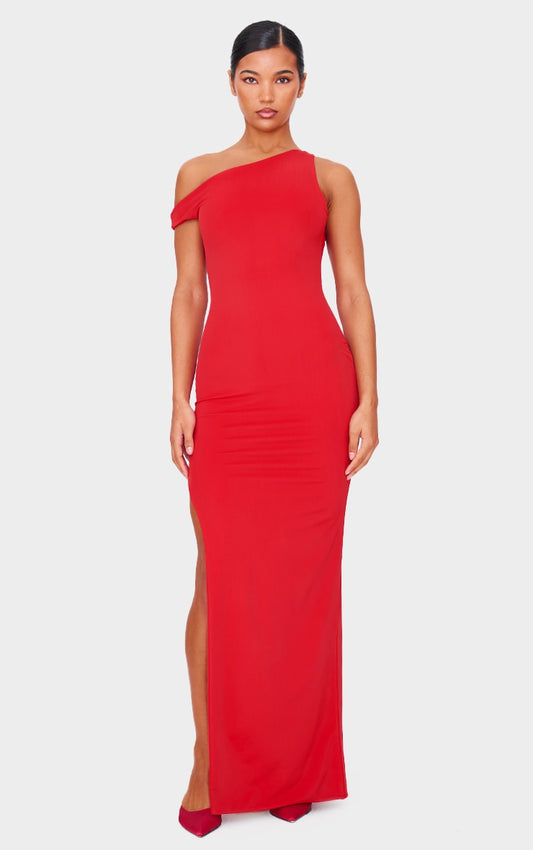 Red Matte Sculpt Asymmetric Neck Maxi Dress