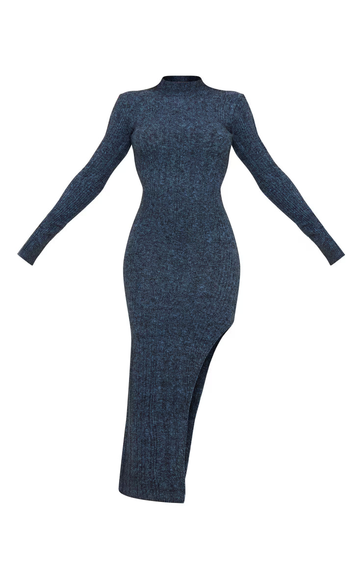 Charcoal Blue Luxe Knit High Neck Long Maxi Dress