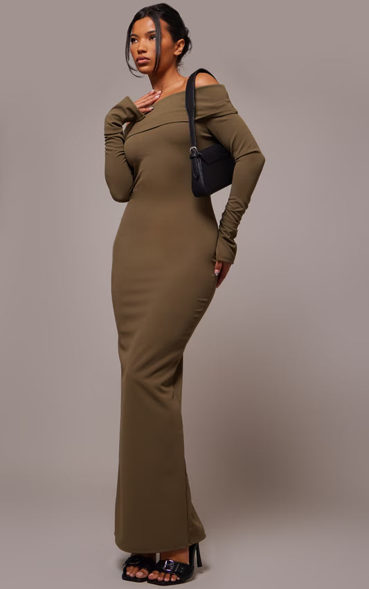 Khaki Crepe Long Sleeve Bardot Maxi Dress