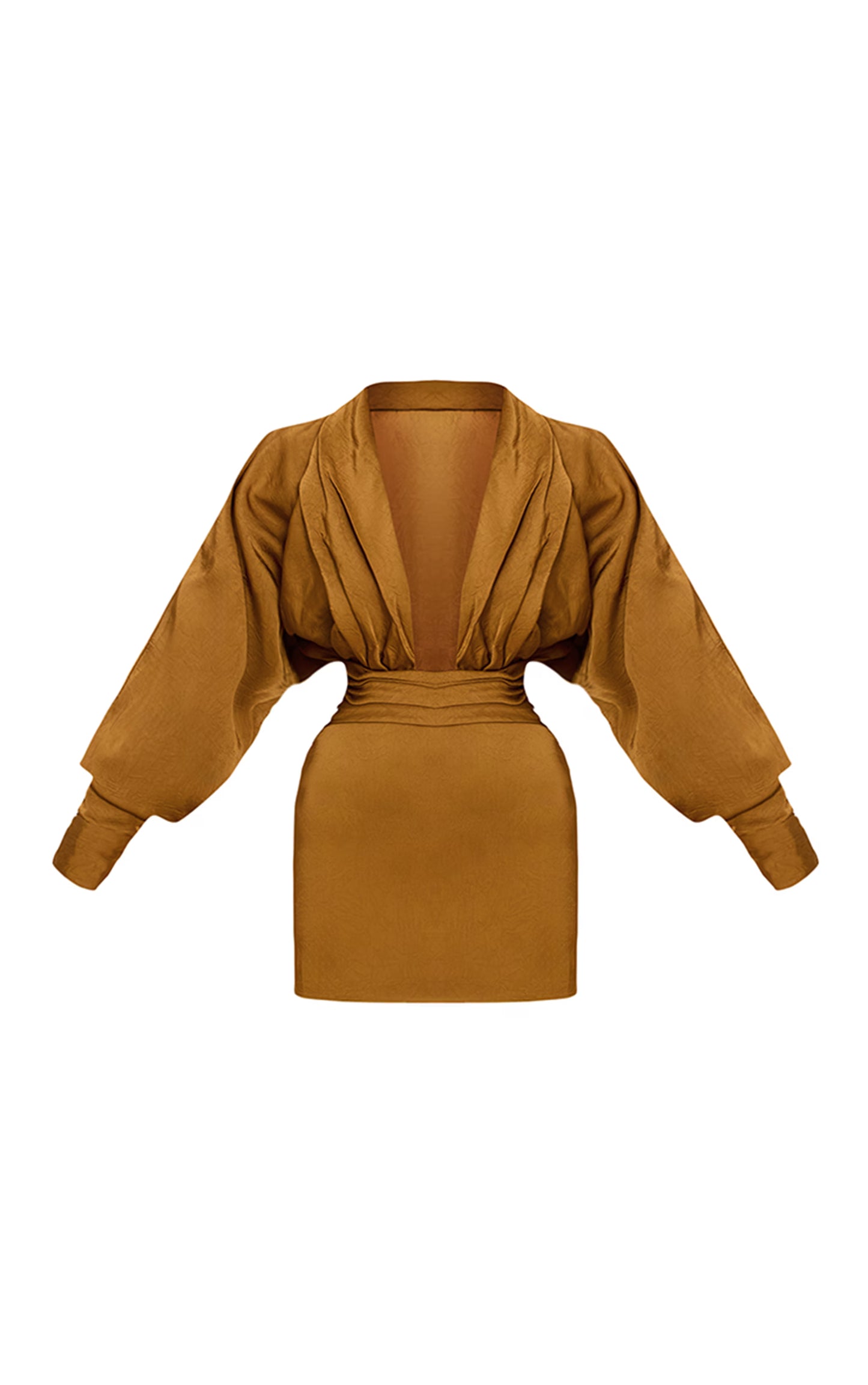 PLT Label Gold Hammered Satin Long Sleeve Plunge Mini Dress