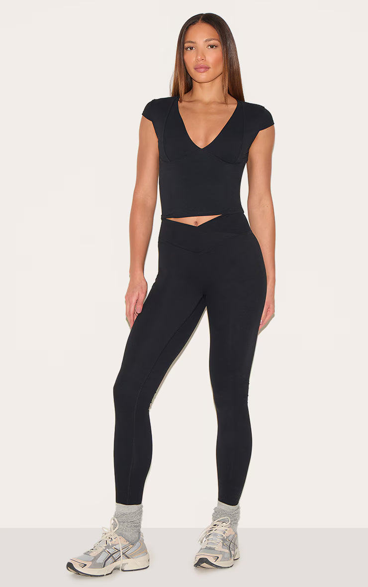 Tall Black Snatched Sculpt V Neck Crop Top