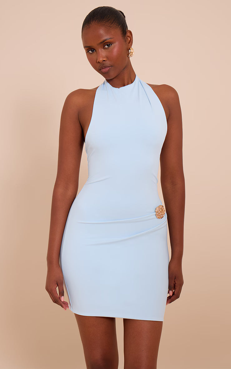Baby Blue Soft Touch Halter Neck Trim Detail Ruched Mini Dress