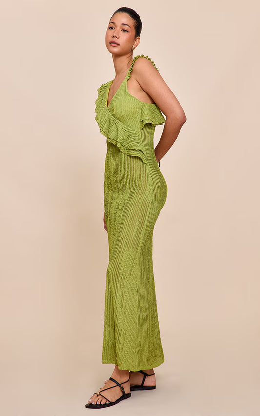 Lime Textured Asymmetric Neck Maxi Dress