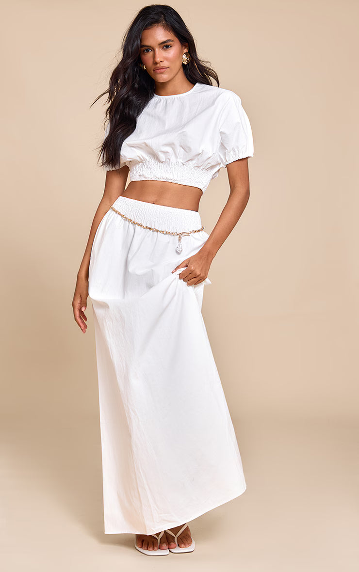 White Shirred Waist Cap Sleeve Crop Top