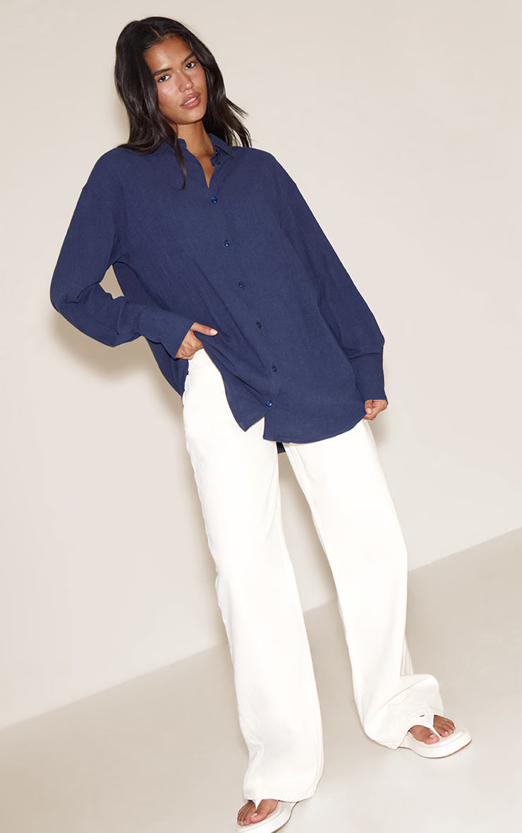 Navy Linen Look Boxy Oversized Shirt