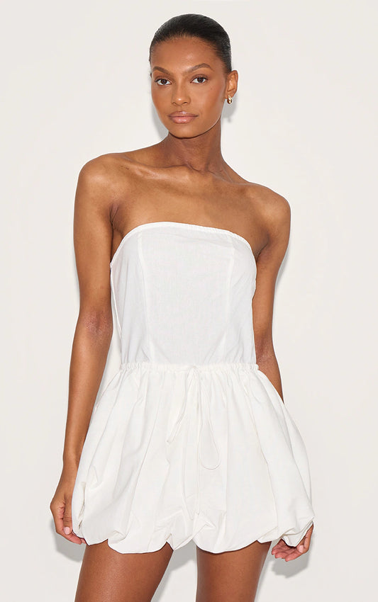 White Linen Bandeau Tie Waist Puffball Dress