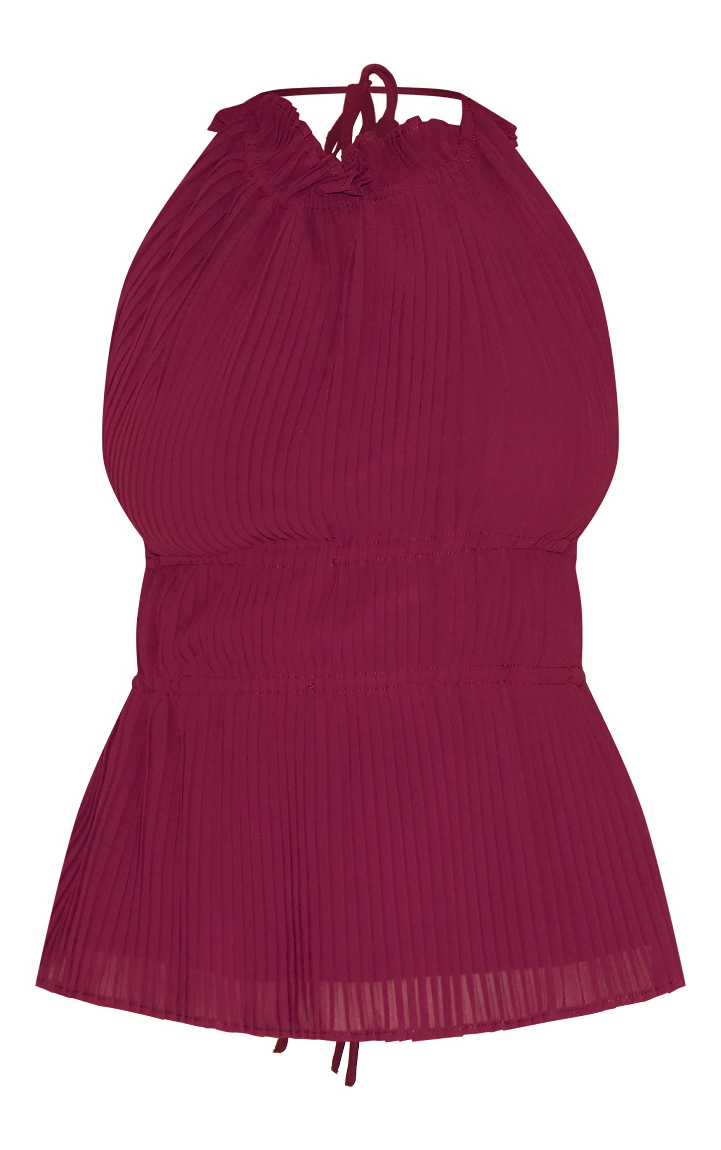 Shape Berry Pleated High Neck Open Back Top