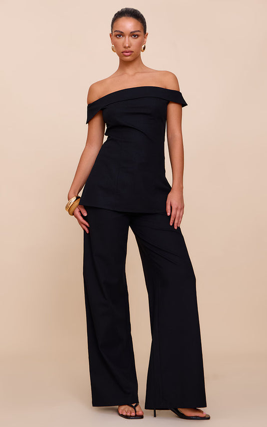 Black Textured Tailored Wide Leg Pants