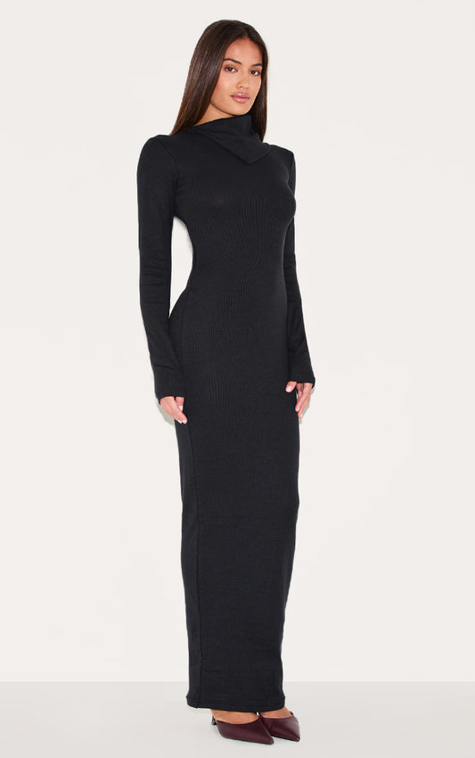 Black Rib Oversized Collar Maxi Dress