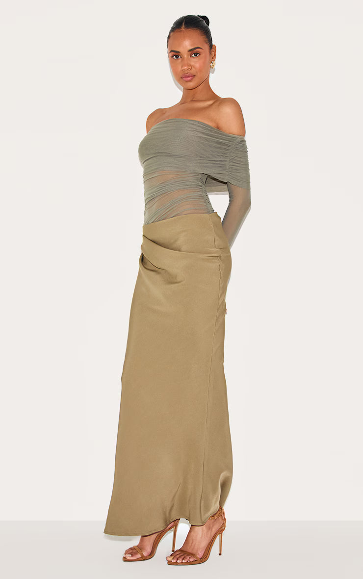 Olive Satin Mesh Detail Bardot Maxi Dress