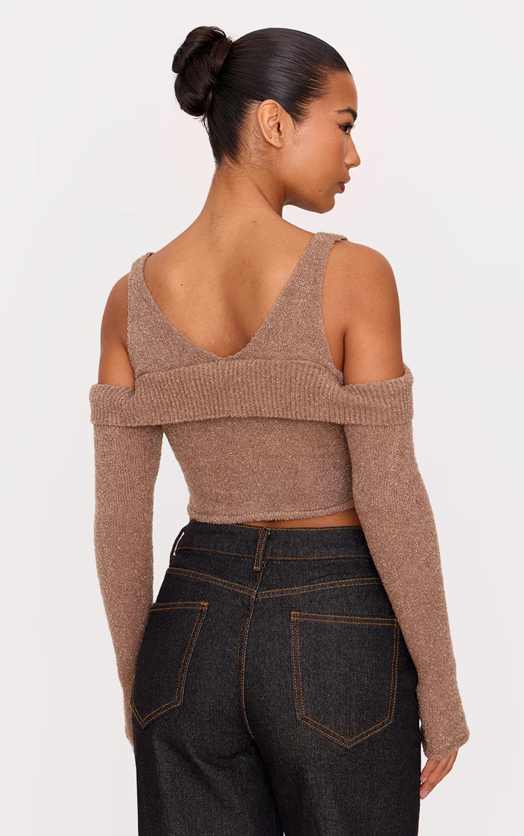 Taupe Boucle Knit Cold Shoulder Button Up Top