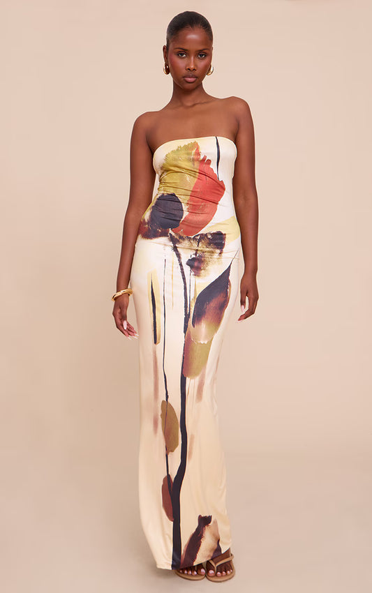 Cream Printed Bandeau Maxi Dress