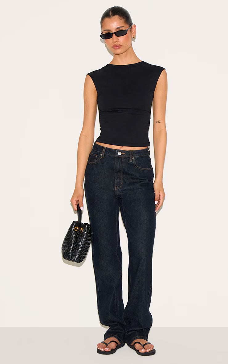 Tall Black Soft Cotton Ruched Side Sleeveless Top