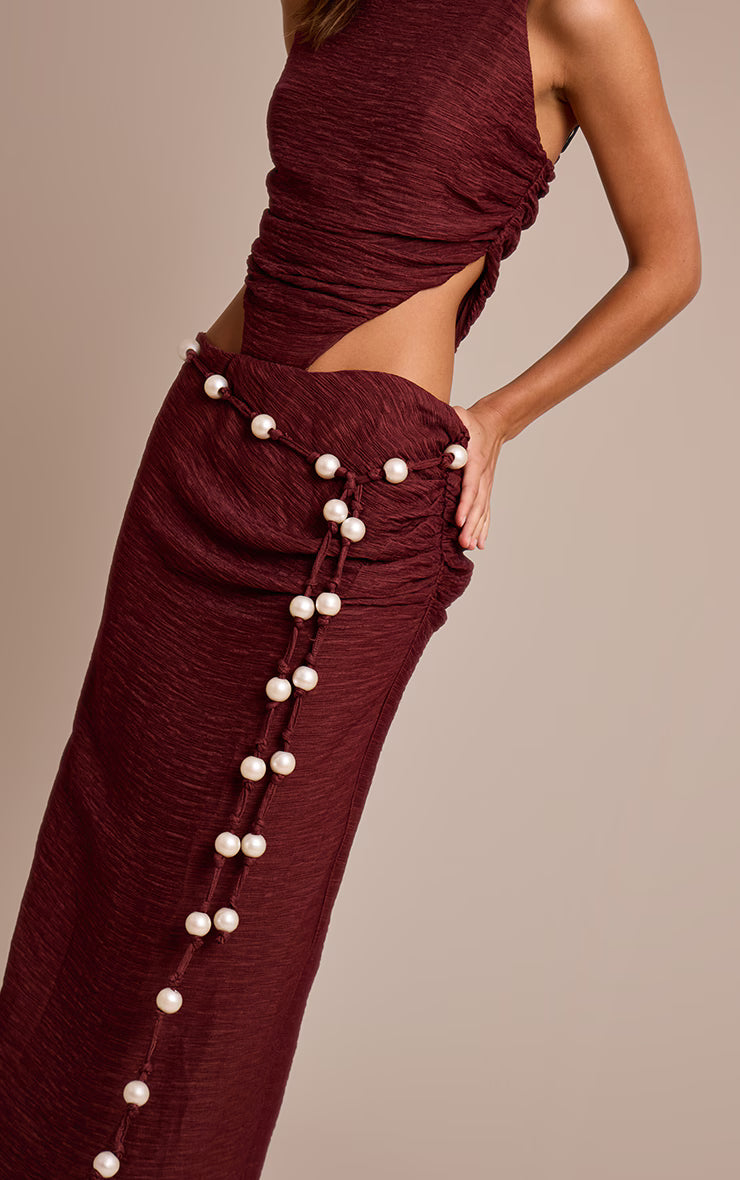 Burgundy Crinkle Textured Bead Detail Maxi Dress