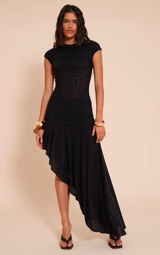 Black Double Mesh Ruched Waist Midi Dress