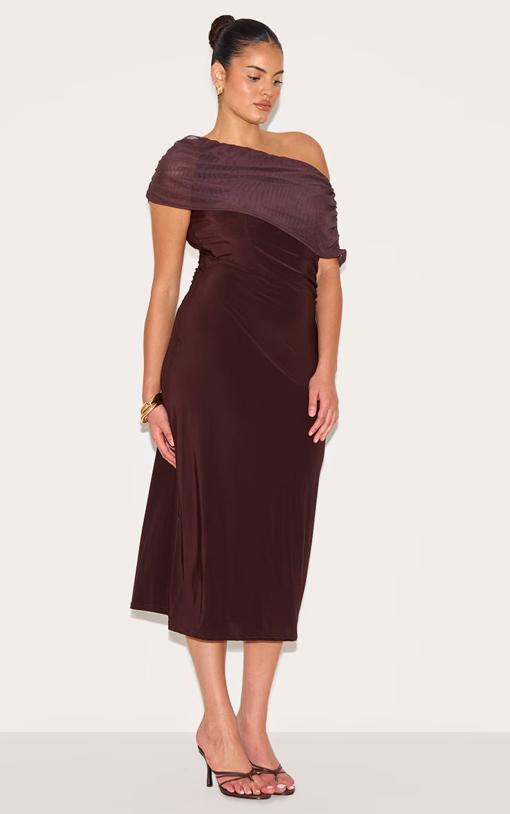 Plus Dark Chocolate Double Layer Slinky Mesh Overlay Maxi Dress