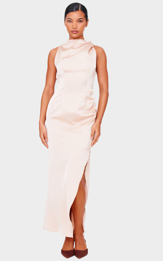 Champagne Satin High Neck Ruched Back Detail Midi Dress