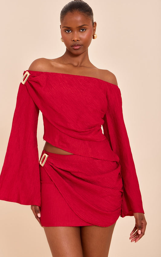 Tomato Red Textured Gold Detail Bardot Long Sleeve Top