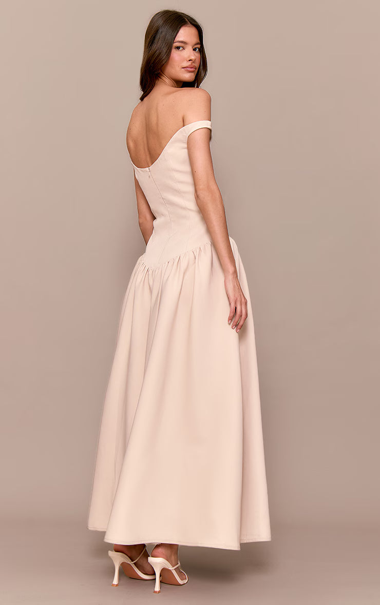 Cream Woven Dipped Bardot Ruched Midaxi Dress
