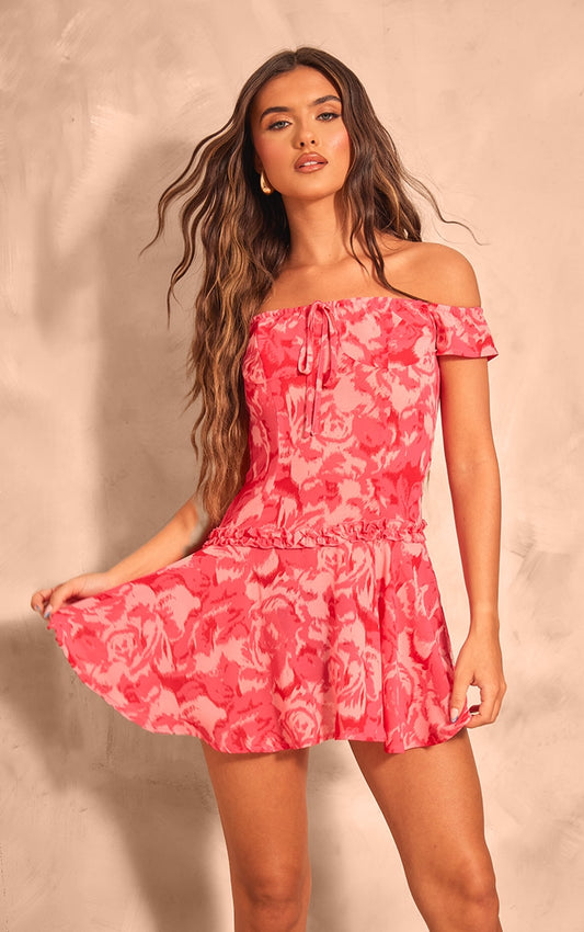 Hot Pink Abstract Print Frill Bardot Shift Dress