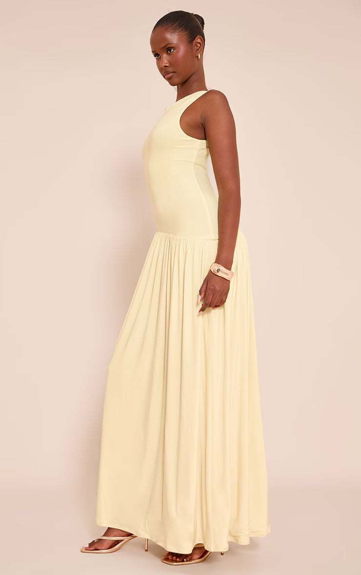 Yellow Double Layer Soft Touch Asymmetric Dropped Waist Maxi Dress