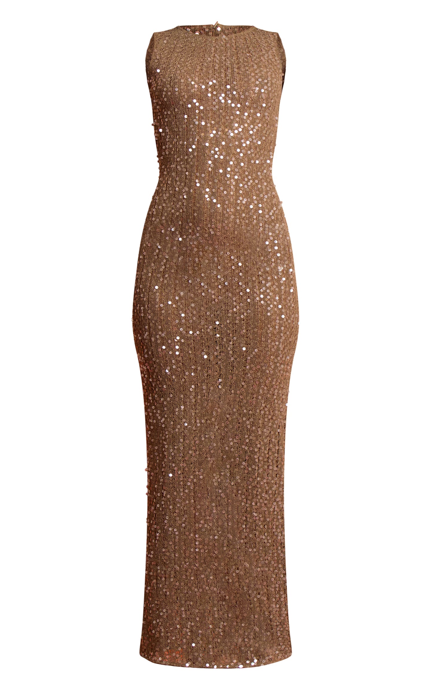 Khaki Sequin Sheer Boat Neck Maxi Dress