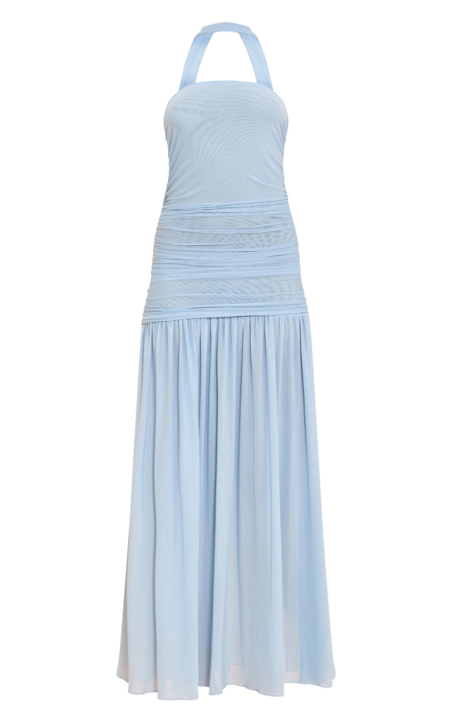Light Blue Ruched Scarf Dropped Waist Maxi Dress