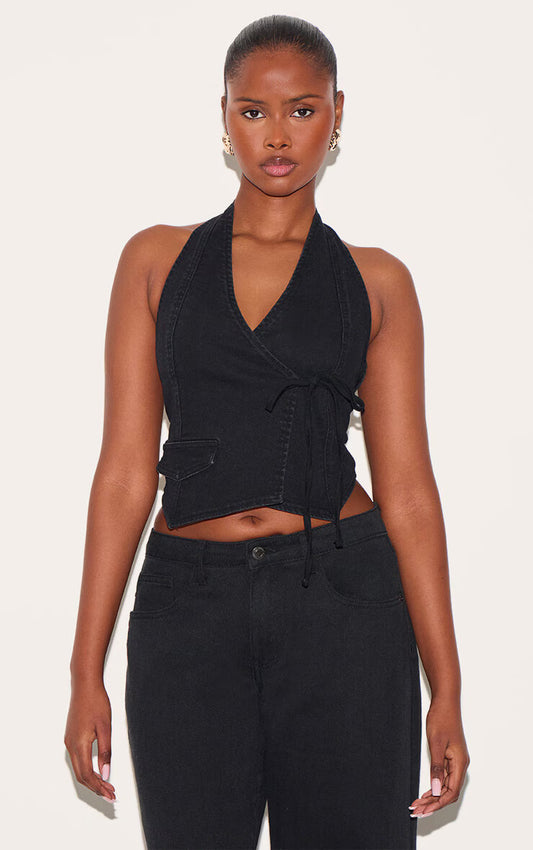 Washed Black Halter Neck Wrap Front Denim Vest