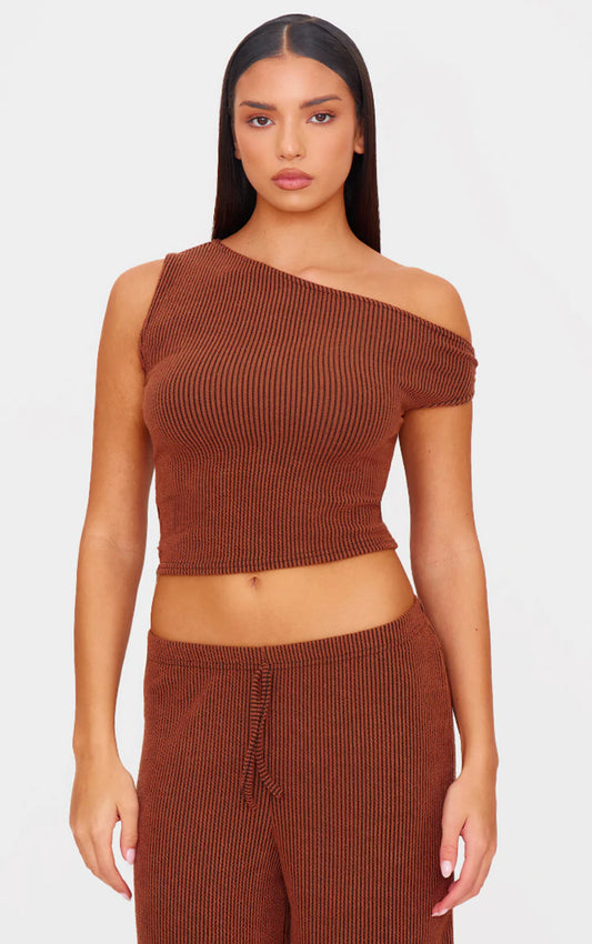 Chocolate Brown Two Tone Crinkle Rib Off Shoulder Top