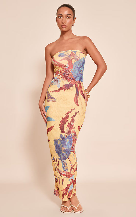 Yellow Floral Abstract Printed Onion Skin Bandeau Maxi Dress