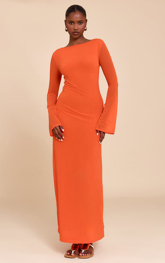 Red Chiffon Boat Neck Long Sleeve Maxi Dress