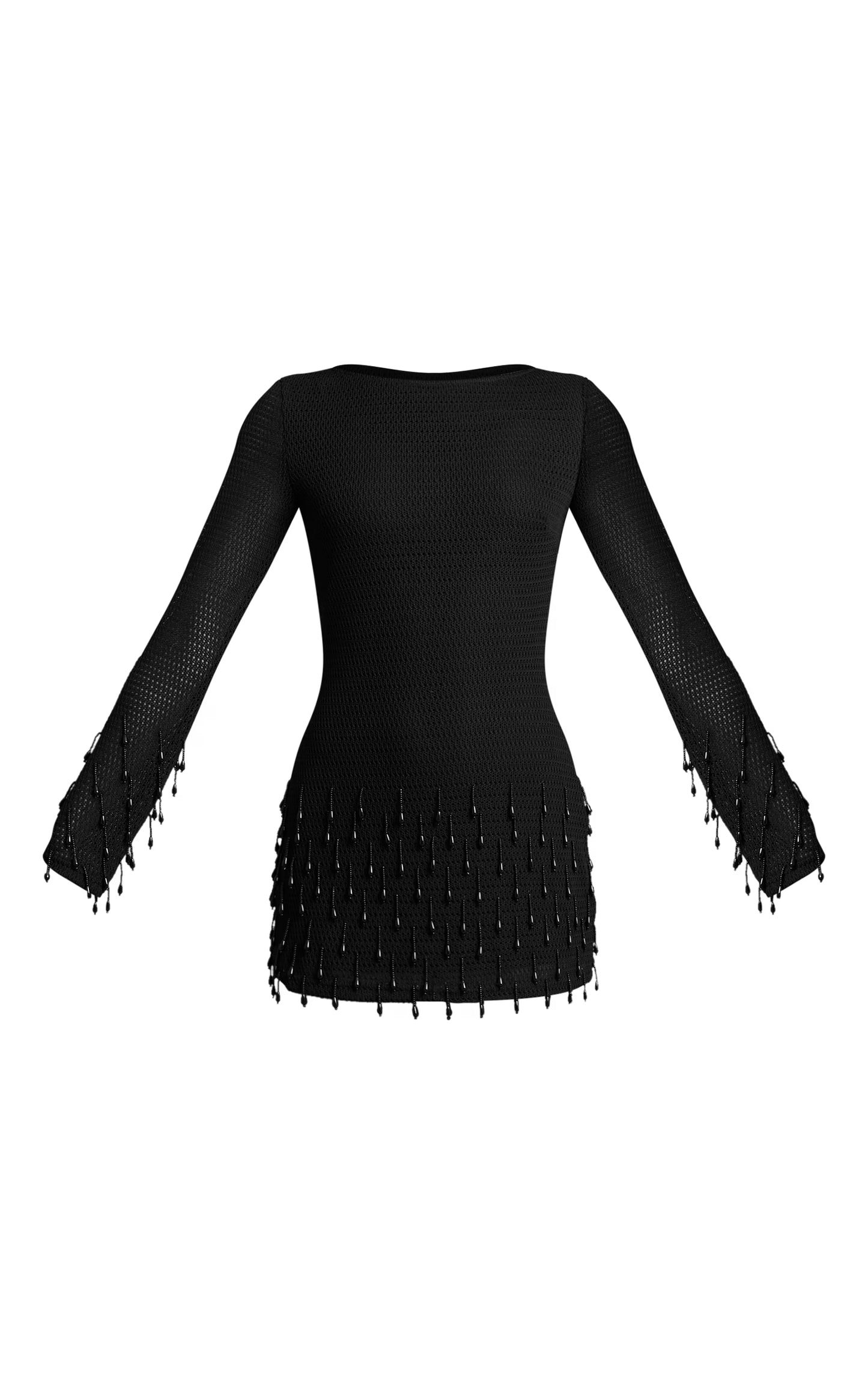 Black Textured Long Sleeve Pearl Detail Mini Dress
